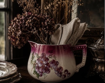 Antique Grape Transferware Cider Pitcher | Victorian Tableware | Plum & Cream Ironstone Jug