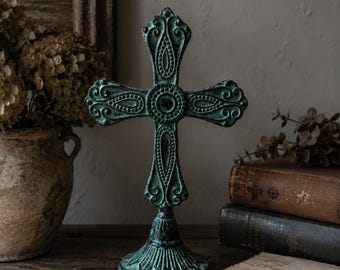 Vintage Cast Iron Standing Cross with Verdigris Finish Gothic Revivial