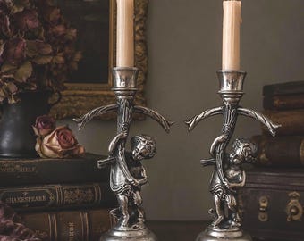 Vintage Cherub Silver Plated Candle Holders, Renaissance Style Putti Candlesticks – Pair