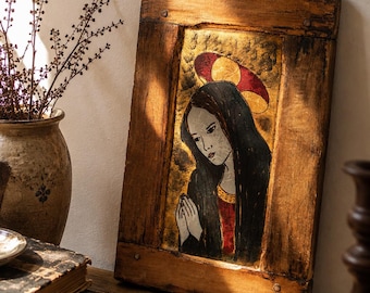 Mid Century Hand Painted Madonna on Salvaged Wood Panel
