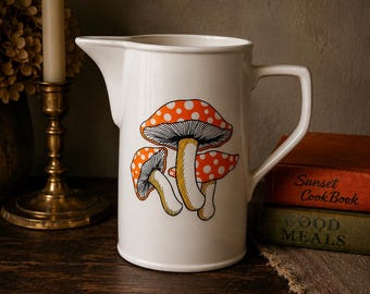 Vintage Ceramic Mushroom Pitcher | 1970s Orange Amanita Jug