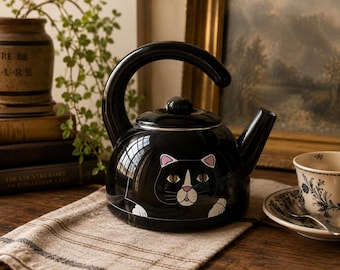 Vintage Kamenstein Black Cat Tea Kettle | Whimsical Cat Kitchen Decor | Metal Stovetop Kettle