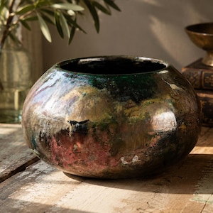 Signed Studio Pottery Raku Bowl, Hand Thrown Ceramic Decorative with Iridescent Glaze, Rustic Artisan Pottery