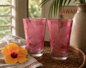 Vintage Cerve Italian Pink Floral Tumblers Set of 2 | Midcentury Frosted Hibiscus Glasses