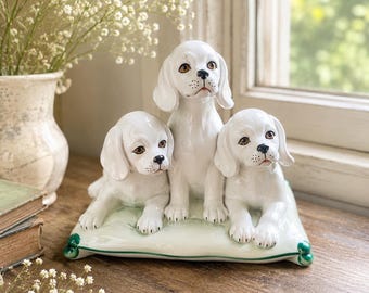 Vintage Italian Ceramic Puppy Figurine | Three Dogs on Pillow | Midcentury Hand Painted Pottery