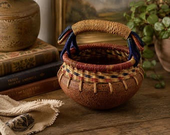 Vintage Handcrafted Ghana Basket Bowl | Woven Fiber and Terracotta Vessel | Decorative Centerpiece Basket