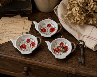 Vintage Teapot Shaped Ceramic Dishes Teabag or Trinket Holder with Poppy Transfer | Set of Three