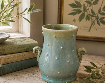 Studio Pottery Vase with Ram Horn Handles | Signed Ceramic Vessel in Celadon Blue Glaze
