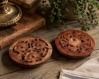 Boho Hand Carved Sheesham Wood Trivets, Set of Two | Vintage Indian Pot Stands