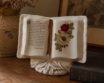 Vintage Ceramic Psalm 23 Scripture Book Vase with Floral Transfer | Christian Memorial