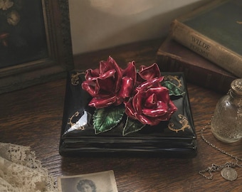 Vintage Black Porcelain Rose Jewelry Box with Hand Applied Floral Lid