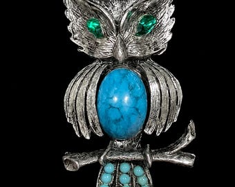 Vintage Owl Brooch Pin, Faux Turquoise Jelly Belly, Green Rhinestone Eyes, Silver Tone Figural Bird Jewelry, 1960s 1970s Boho MCM Retro