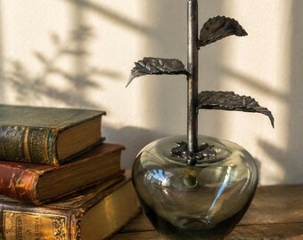 Vintage Hand Blown Art Glass Apple with Metal Leaf Stem, Mid Century Modern Glass Decor