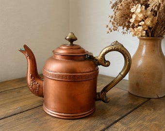 Antique Copper Coffee Pot | Rome Mfg Co | Hinged Lid Brass Handle Vessel w Floral Details