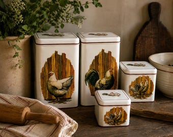 Vintage Cheinco Rooster Canister Set, Farmhouse Kitchen Storage Tins, Made in USA Metal Canisters, Set of Four