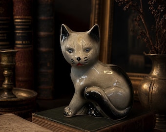 Vintage Gray Ceramic Cat Figurine | Mid Century Blue-Eyed Kitty | Collectible Kitsch Shelf Decor