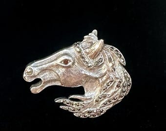 Vintage Sterling Silver Horse Head Brooch with Marcasites and Red Glass or Garnet Eye, Mid Century Equestrian Jewelry