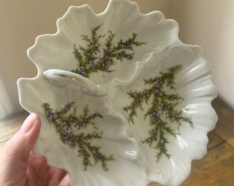 Vintage Porcelain Relish Dish or Trinket Heather Floral Center Handle Farmhouse Cottage Decor