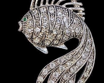 Vintage Silver Tone Fish Brooch with Clear Rhinestones and Green Eye, Mid Century Figural Pin, Retro Jewelry for Her