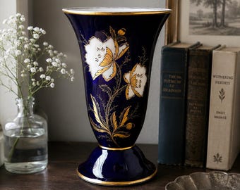 Vintage Cobalt Blue Vase | West Germany Porcelain Vase with Gold Floral Detail
