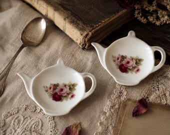 Vintage Baum Bros Formalities Teapot Tea Bag Holders, Floral Ceramic Tea Bag Rests, Set of Two Rose Motif Dishes