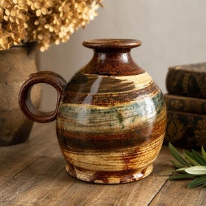 Vintage Studio Pottery Stoneware Bud Vase, Hand Thrown Jug with Loop Handle, Rustic Farmhouse Decor