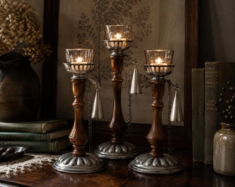 Vintage Dilly Pewter Votive Candle Holders with Snuffers, Set of Three, Made in USA, Mid Century Decor