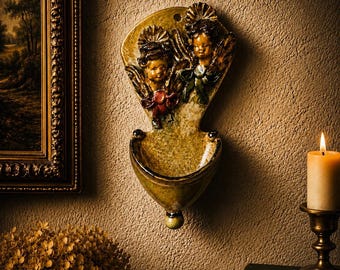 Vintage Ceramic Double Cherub Wall Pocket | Holy Water Font with Gilded Details