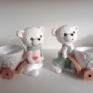 Ceramiczne Misie Teddy Bears Chłopiec i Dziewczynka - Piękne Dekoracyjne Misie z Wózkiem - 100% Ręcznie Robione Figurki Misiów - Prezent Teddy Bear