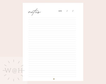 May include: Printable notes page with a heart design. The page is lined and has a space for the date. The text "notes" is written in cursive at the top of the page.