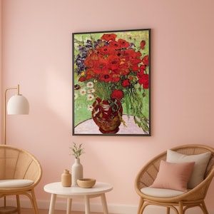 Vibrant Red Poppy Bouquet Canvas, Floral Still Life Wall Art, Colorful Flower Vase Painting, Classic Garden Decor, Ready to Hang Canvas