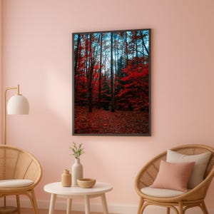 Lebendige rote Herbstwald Leinwand, Herbst Natur Wandkunst, Woodland Pathway Dekoration, Saisonale Haus Leinwand, rustikale Baum Landschaft