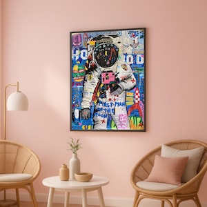 Vibrant Astronaut Graffiti Canvas, Urban Space Art, Contemporary Moon Landing Wall Decor, Colorful Street Art Style, Modern Home Canvas