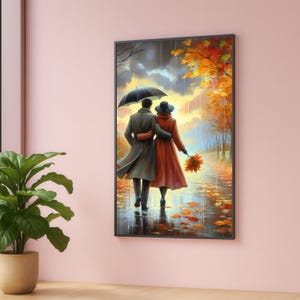 Romantic Autumn Walk Canvas, Couple Under Umbrella Painting, Fall Leaves Wall Art, Rainy Day Landscape Canvas, Cozy Seasonal Home Decor