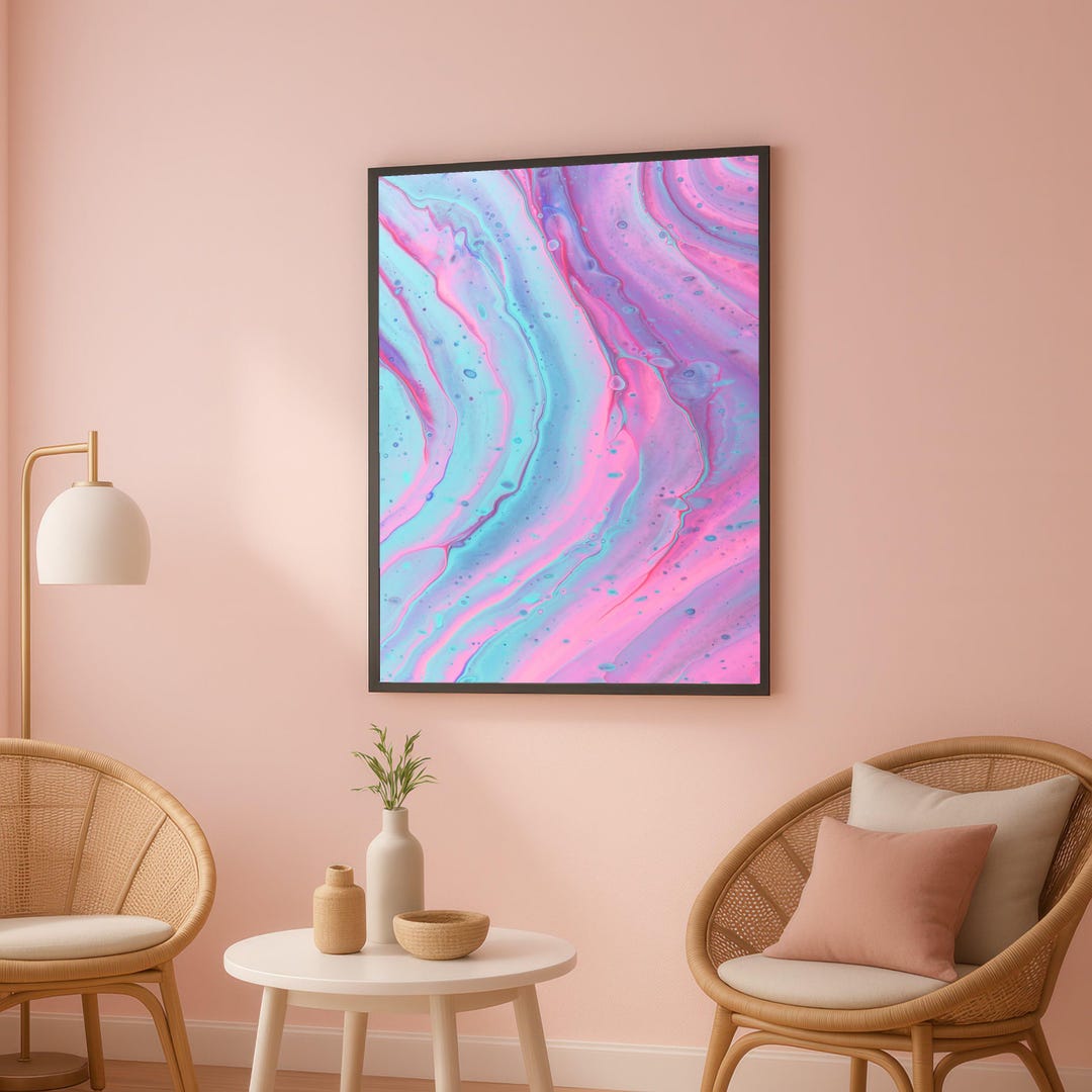 Pastel Fluid Art Canvas, Abstract Marble Swirl Wall Art, Pink and Blue ...