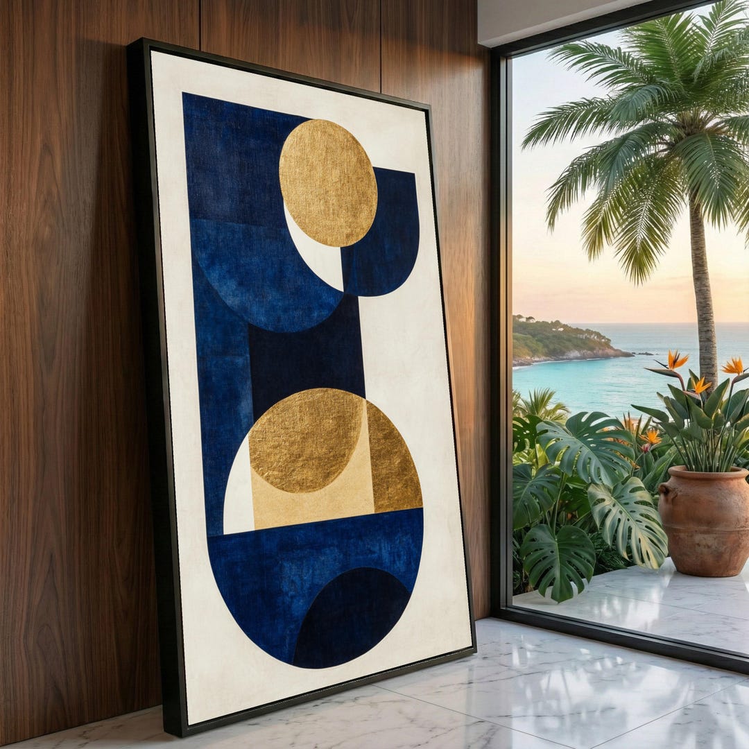 Modern Geometric Shapes Canvas Wall Art, Gold and Navy Abstract Circles ...