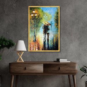 Romantic Rainy Evening Walk Canvas, Couple with Umbrella Painting, Impressionist Cityscape Wall Art, Rain Reflections Canvas Decoration