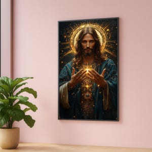Illuminated Sacred Heart Canvas, Religious Jesus Christ Wall Art, Spiritual Home Decor, Golden Halo Painting, Faith Inspiration Canvas