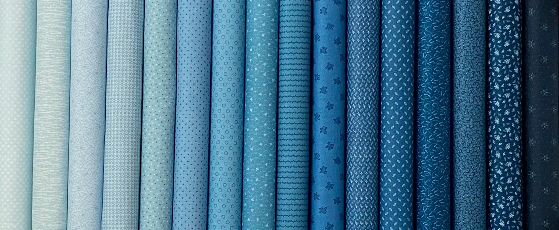 16 Quilt Fabric Fat Quarters - Civil War Reproduction - FOUNTAIN BLUE - by Andover - Shades of Blue - Ocean Blue, Ice Blue, Light, Med, Dark