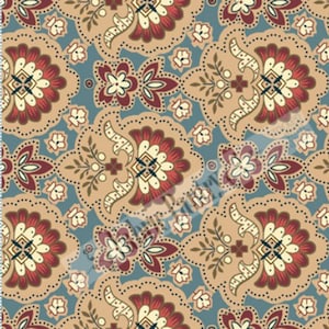 May include: A fabric featuring a repeating damask-style pattern in shades of tan, deep red, and cream against a muted blue background. A vertical ruler showing 5 inches is visible along the left edge, providing a clear scale for the textile design.