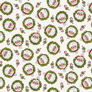 MY CHILDHOOD CHRISTMAS - Cotton Quilt Fabric - Santa Wreath - Stacy West - Henry Glass - Holly, Candy Cane, Berries on Cream - 1405-68