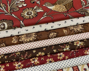 8 Civil War Reproduction Quilt Fabric Fat Quarters ~ GLENFERN - By Max & Louise for Andover - Red, Blue, Cream, Brown