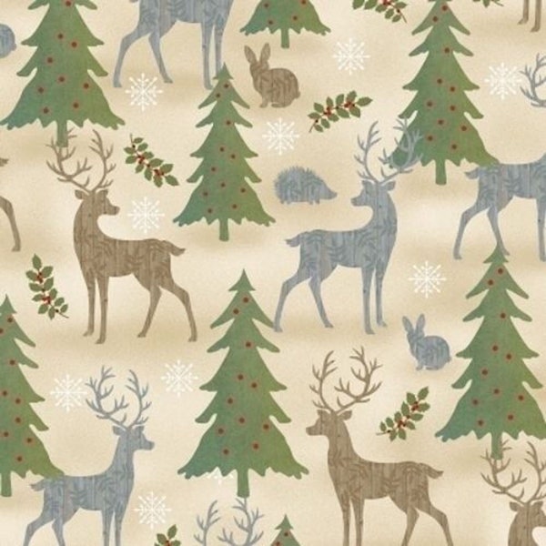 HOLIDAY MEADOW - Quilt Fabric - Deer, Trees, Snowflakes, Berries - by Pink Chandelier for Wilmington - 70431-273 - Cream, Green, Gray, Red