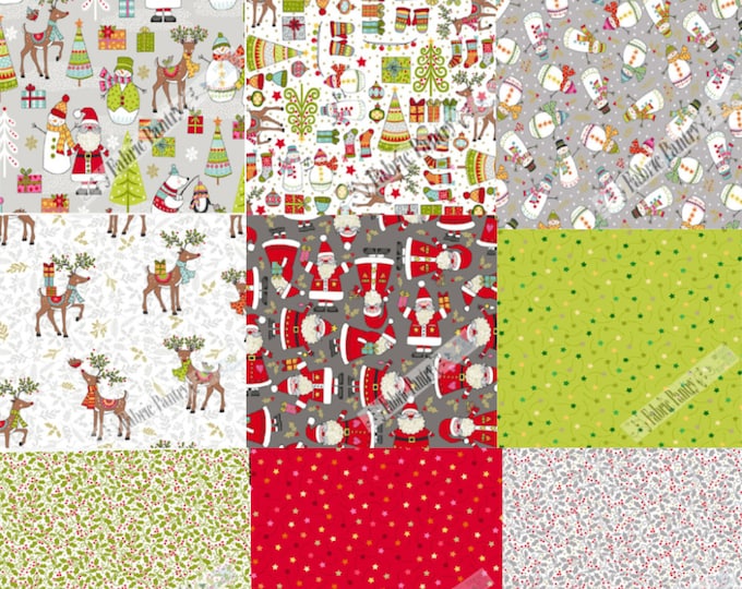 9 FESTIVE Christmas Quilt Fabric Fat Quarters Makower UK Reindeer