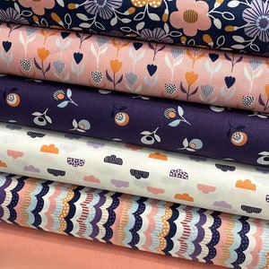 May include: A stack of six fabric panels with different patterns. The top panel is navy blue with pink and orange flowers. The second panel is pink with orange and white flowers. The third panel is purple with orange and white circles. The fourth panel is white with orange and purple clouds. The fifth panel is blue and pink with wavy lines. The bottom panel is solid pink.