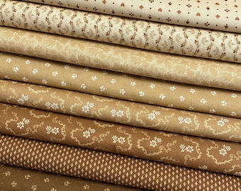 8 Civil War Reproduction Quilt Fabric Fat Quarters ~ CARRIE&#39;S CARAMELS & CREAMS - Carrie Quinn -  Marcus Fabrics - Brown, Tans, Cream