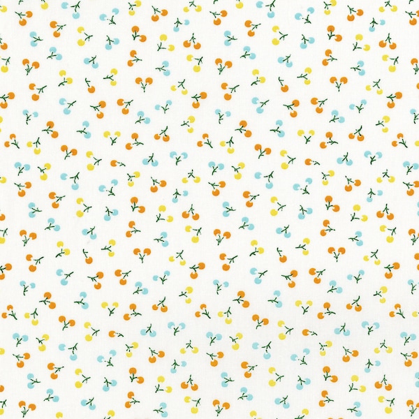 1930's Reproduction Quilt Fabric - Cherries - EVERYTHING But The KITCHEN SINK - Cherry ~  Yellow, Aqua, Orange on White ~ by the 1/2 Yard