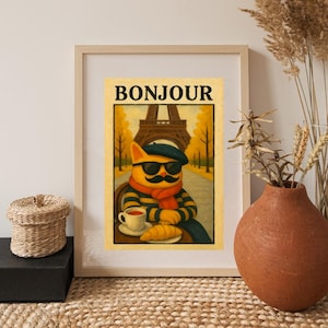 Bonjour Cat Poster French Kitchen Art – Whimsical Paris Decor for Cat Lovers, Quirky Modern Wall Print, Cute Yellow Cat Illustration Gift