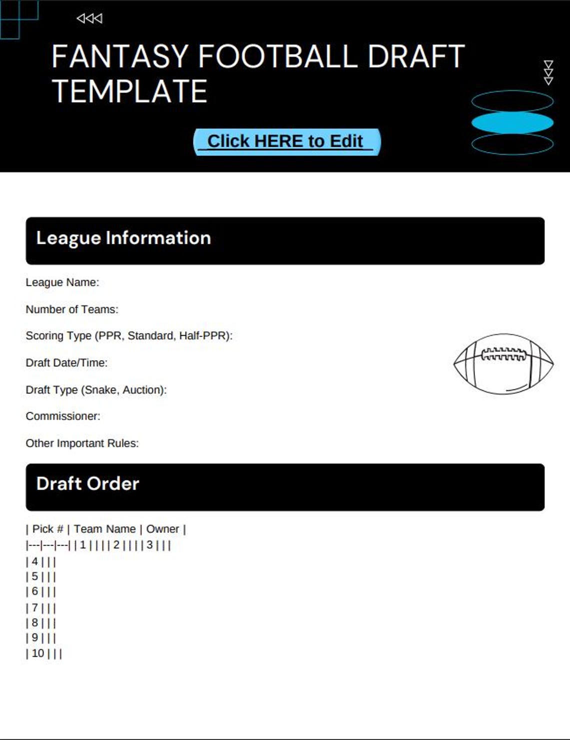 Editable Fantasy Football Draft Board Template | Printable PDF + Canva ...