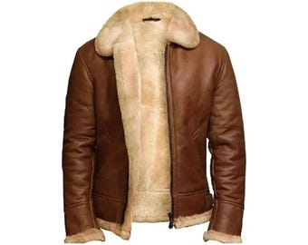Men's Brown Sheepskin Leather Aviator Jacket - Faux Shearling Bomber Jacket